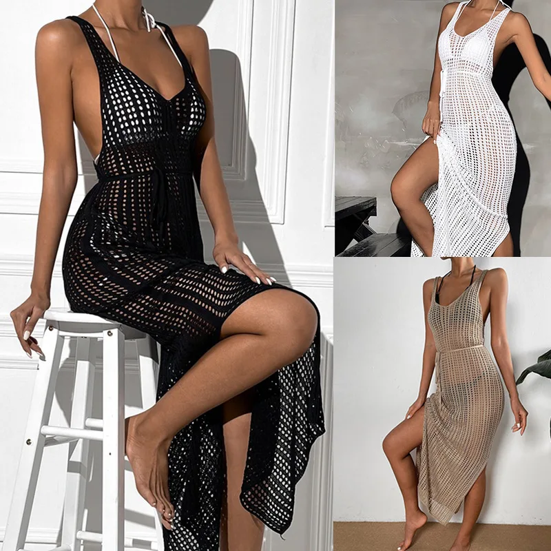 

Beach Clothes Swimwears Women's Dress 2024 Hollow Out Backless Sexy Beach Outing cover-ups Holiday Summer Long Dress Beach Tunic