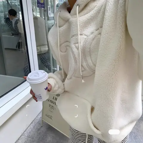 Lamb Fur Lined Hoodie Women's Inner Fleece Warm October Lazy Casual Loose Sweatshirt Polyester Blend Long Sleeve Regular Length