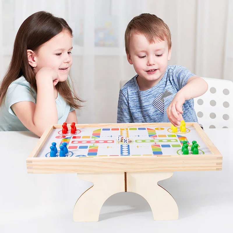 Wooden Children Football Table Games Toys 2 in 1 Flying Chess Soccer Competition Party Board Game Interactive Toy for Kids Adult