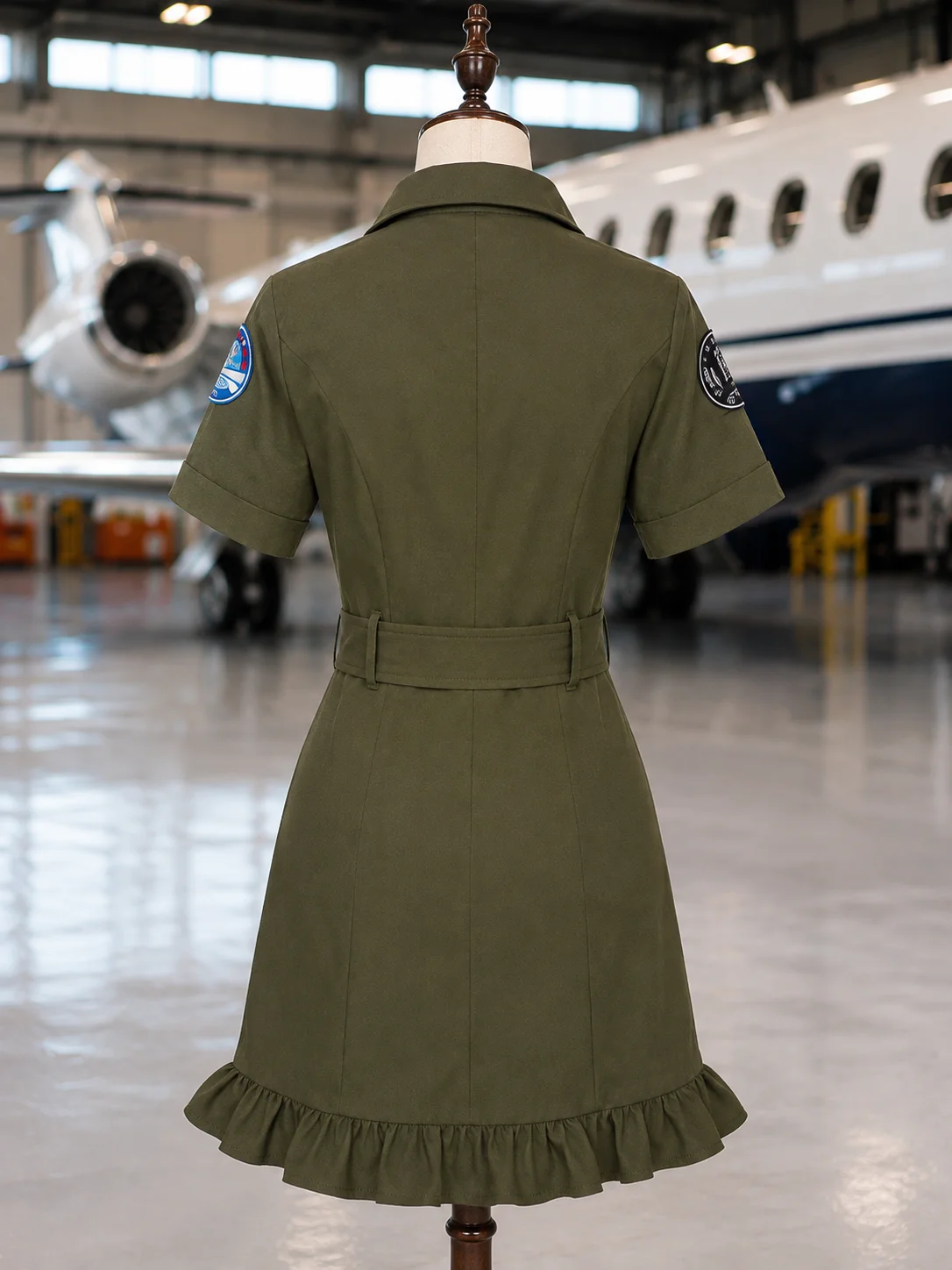 Women Sexy Top Gun Pilot Costume Olive Green Short Sleeve Zip Front Embroidered Badge Belted Ruffle Hem Mini Dress for Halloween Cosplay Carnival Theme Party Fancy Dress，cosplay party, carnival, fancy dress, theme party, sexy uniform, 80s costume view 5