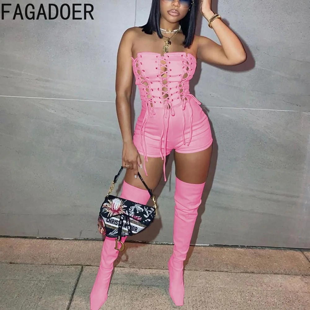 

FAGADOER Fashion Hollow Out Lace Up Bodycon Rompers Women Off Shoulder Sleeveless Backless Slim Jumpsuits Sexy Female Streetwear