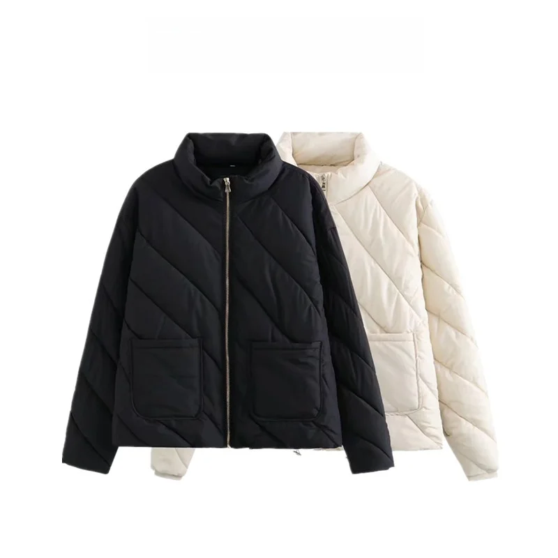 Moda preto diagonal ponto jaqueta de aodão outono inverno novo estilo f viagem casaco curto f de zíper manga longa