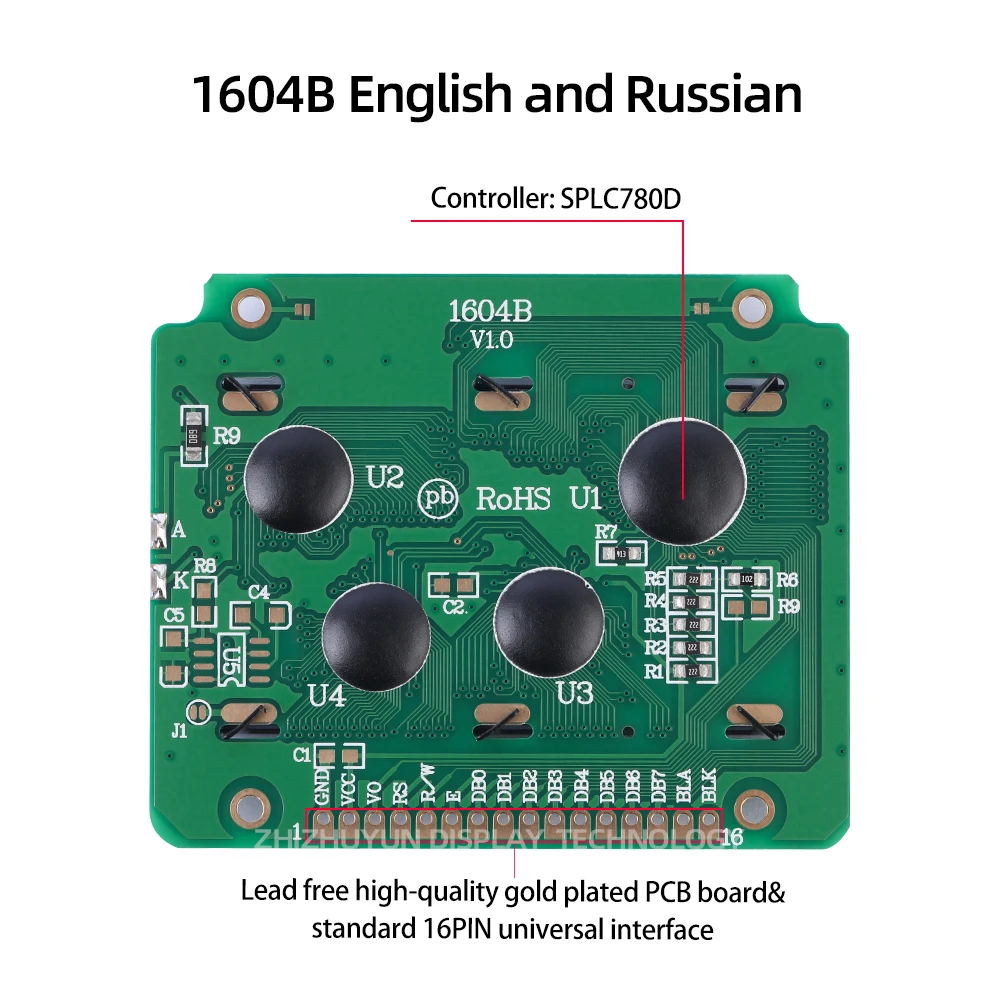 1604B LCM Display Module Dot Matrix Character Screen English Russian 16PIN Standard Interface 3.6-Inch Yellow Green Film