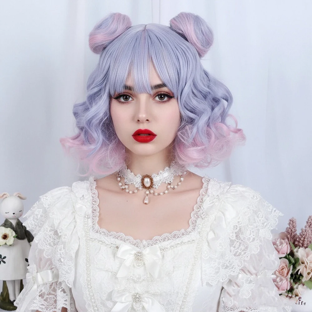 Ombre Blue Pink Short Wigs with Bangs Synthetic Women Lolita Wavy Curly Cosplay Hair Wig for Daily Party