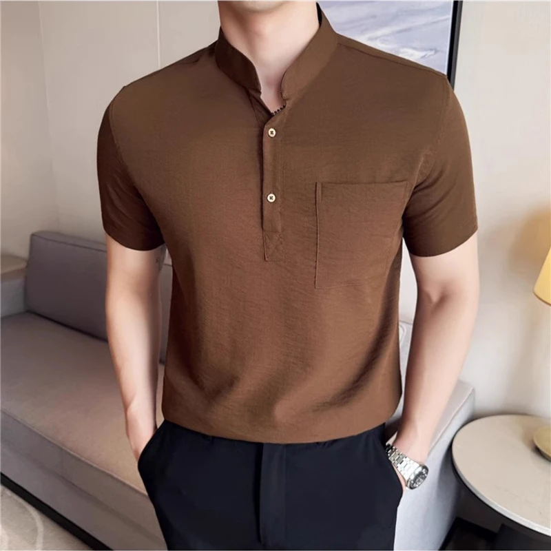 

Мужская светло-голубая рубашка-поло с воротником на пуговицах — лето 2025, смесь льна и хлопка, дышащая и не морщин (M-4XL), качество премиум-класса