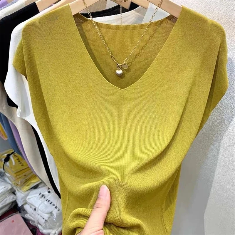 Women Clothing Summer Fashion Simple Short Sleeve Ice Silk Thin Knitted T-shirt Casual Commute Solid V Neck Loose Pullover Tops
