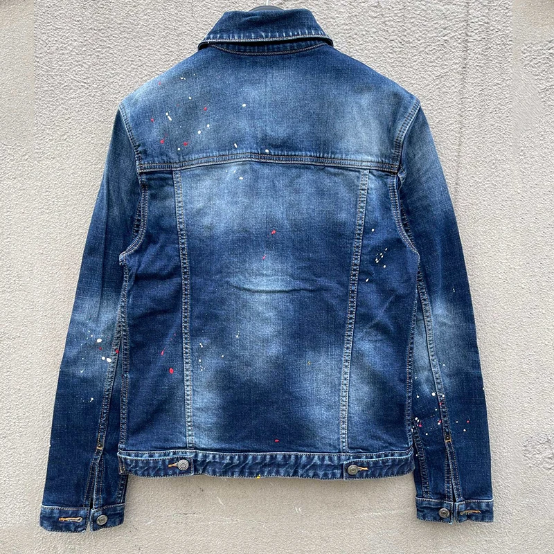 Men's denim jacket USA 100 charei harper dsq 1911 Men's denim jacket splashed with ink, paint, holes, punk fashion denim trend