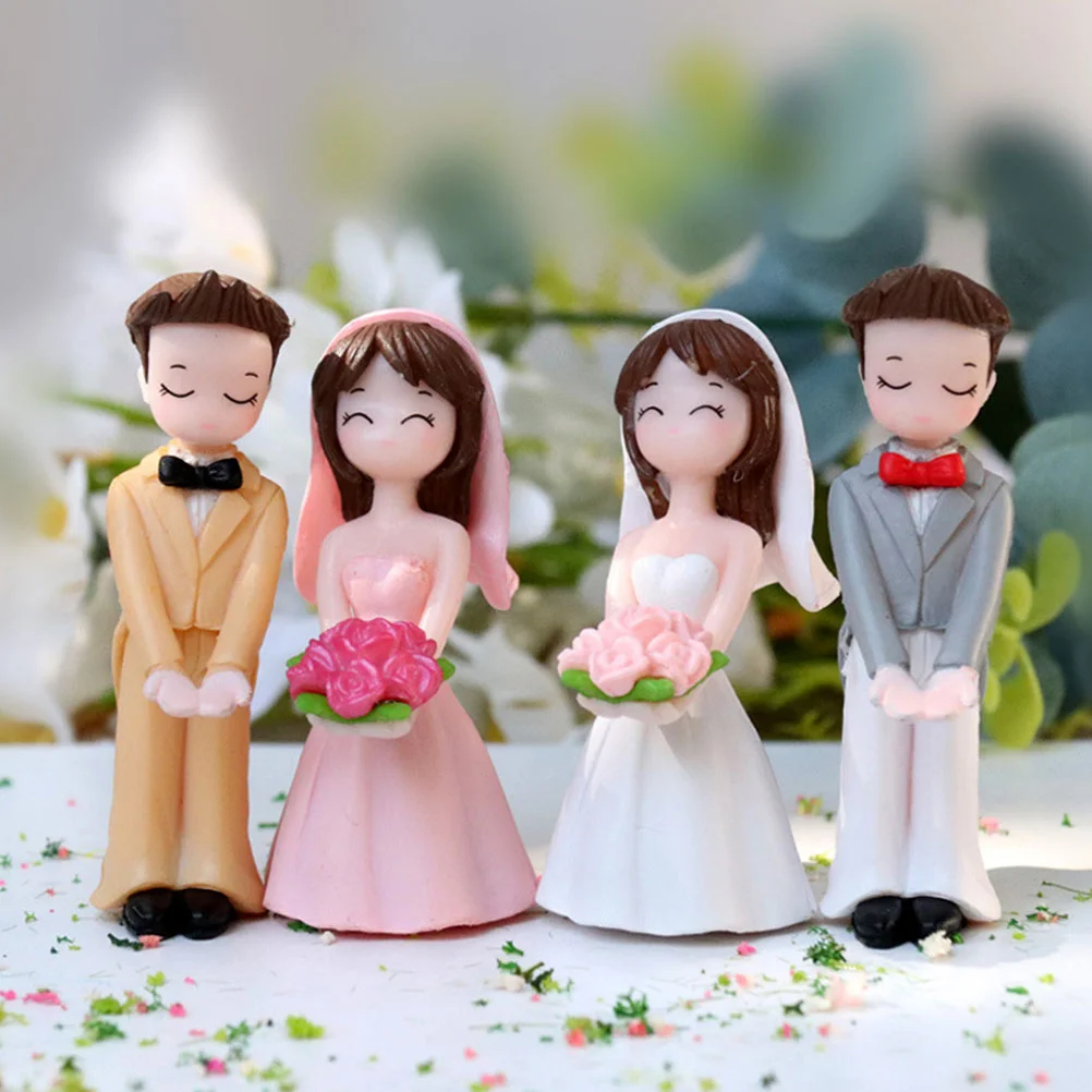 2 Pairs Wedding Decoration Cartoon Couple Figures Bride Groom Statues Cakes