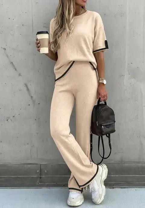 

Women's 2-piece round neck short sleeved top and elastic waist straight leg pants set, color blocking splicing side knit set