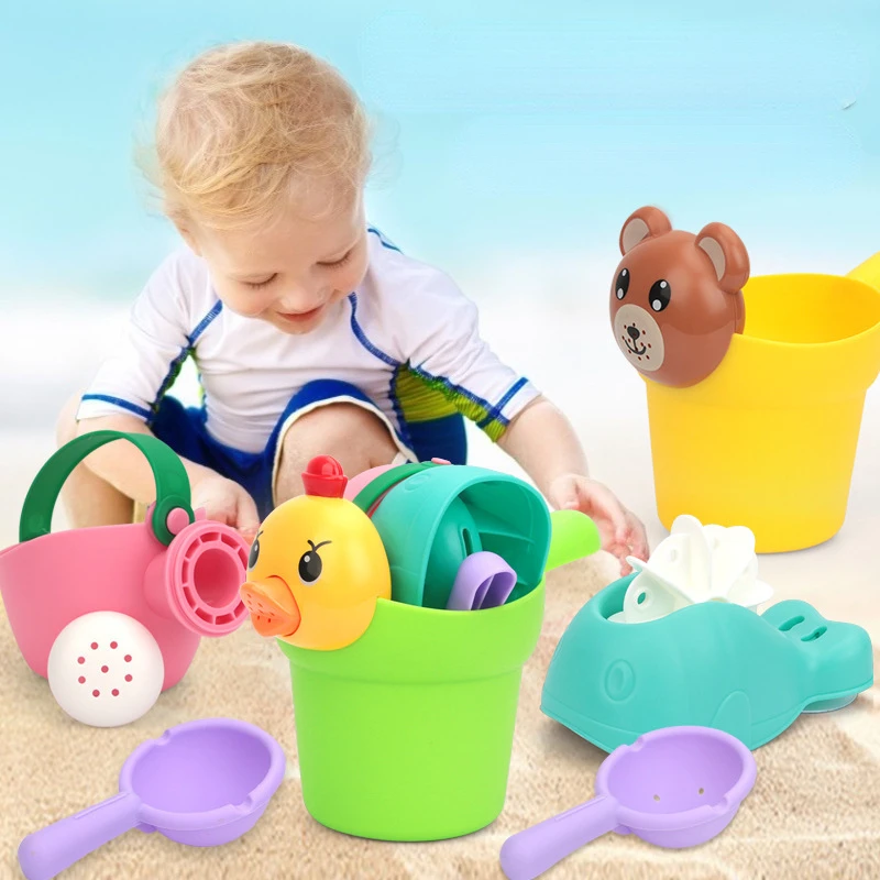 4PCS Baby Summer Beach Toys Cartoon Sand Swimming Pool Water Playing Bath Toys Kids Soft Rubber Bucket Kettle Waterwheel Gift