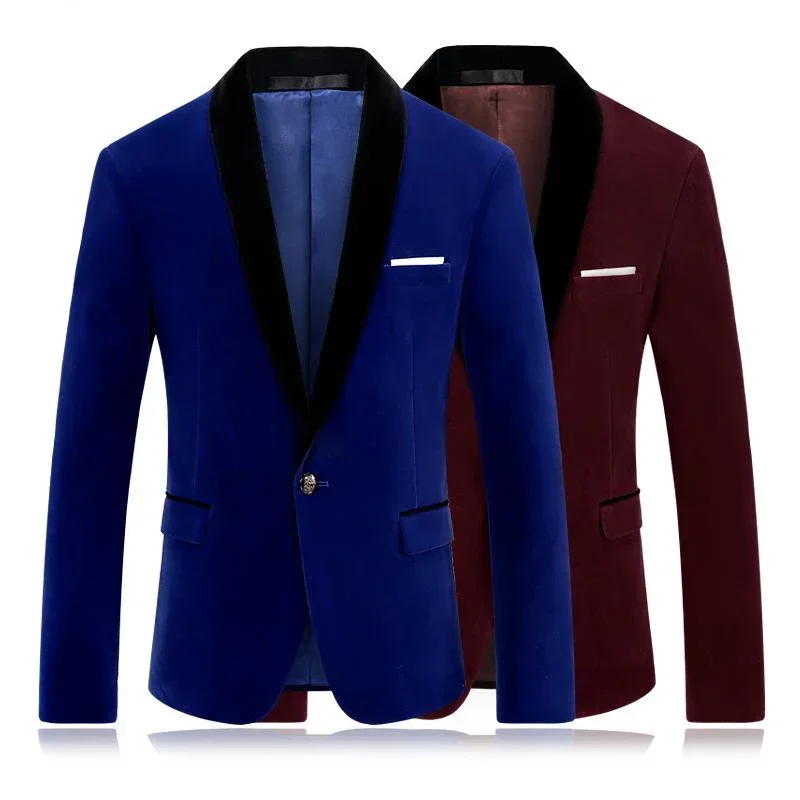 Abrigo con diseño de pantalón para hombre, chaqueta de terciopelo marrón y azul real, chal con solapa, trajes para boda, graduación, Homecoming, Terno One, novedad de 2024