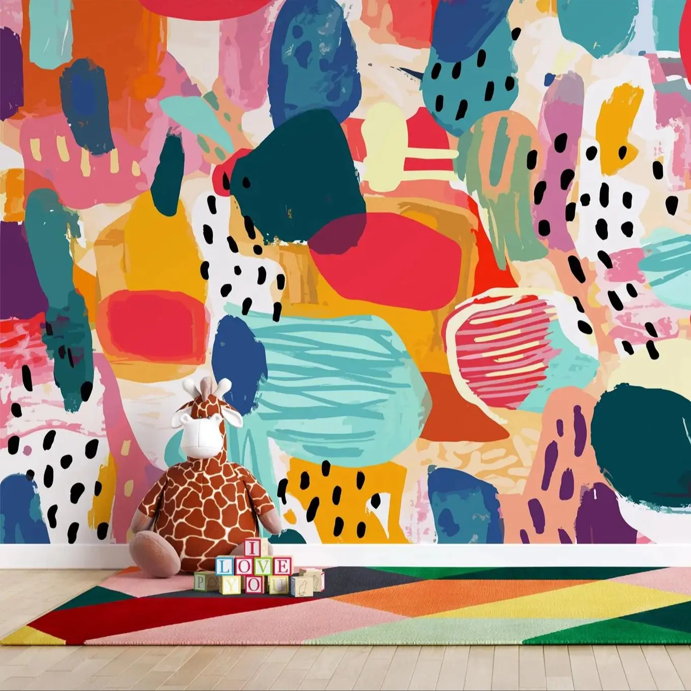 Colorful Abstract Kids Wallpaper, Bright Kids Wall Mural,Nursery Wall Paper Roll,Peel and Stick Or Traditional Non-woven Papers
