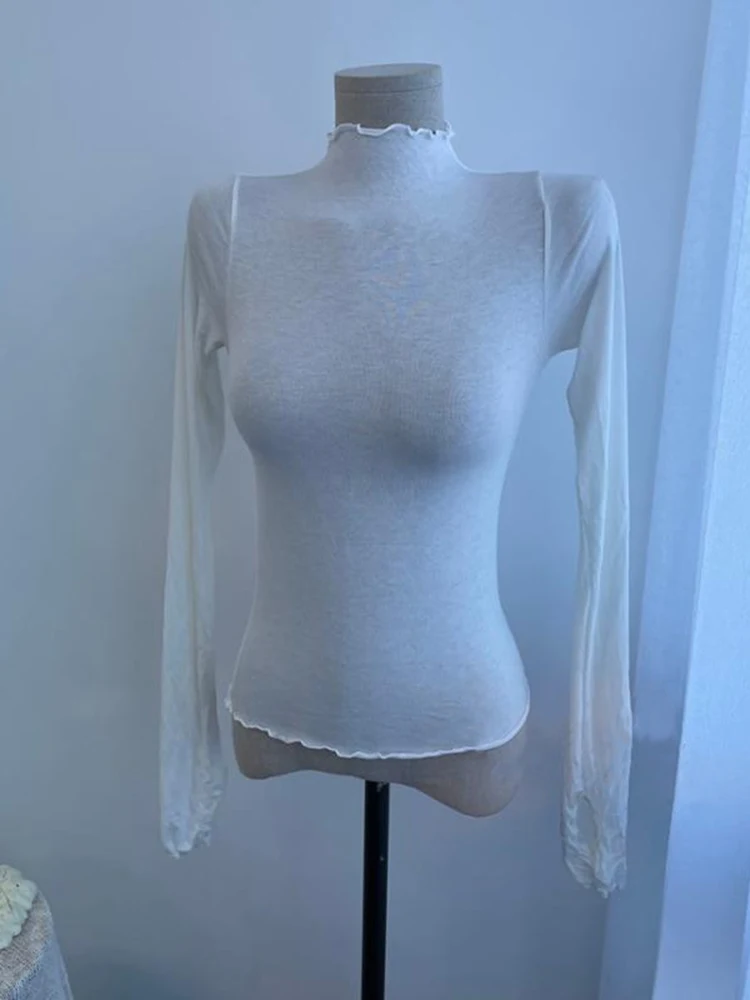 2026 Frühling Sommer Sexy Durchsichtiges Damen T-Shirt Hochelastisches Slim-Fit Rüschen-Rollkragen-T-Shirt Einfarbiges Oberteil – Detail 7