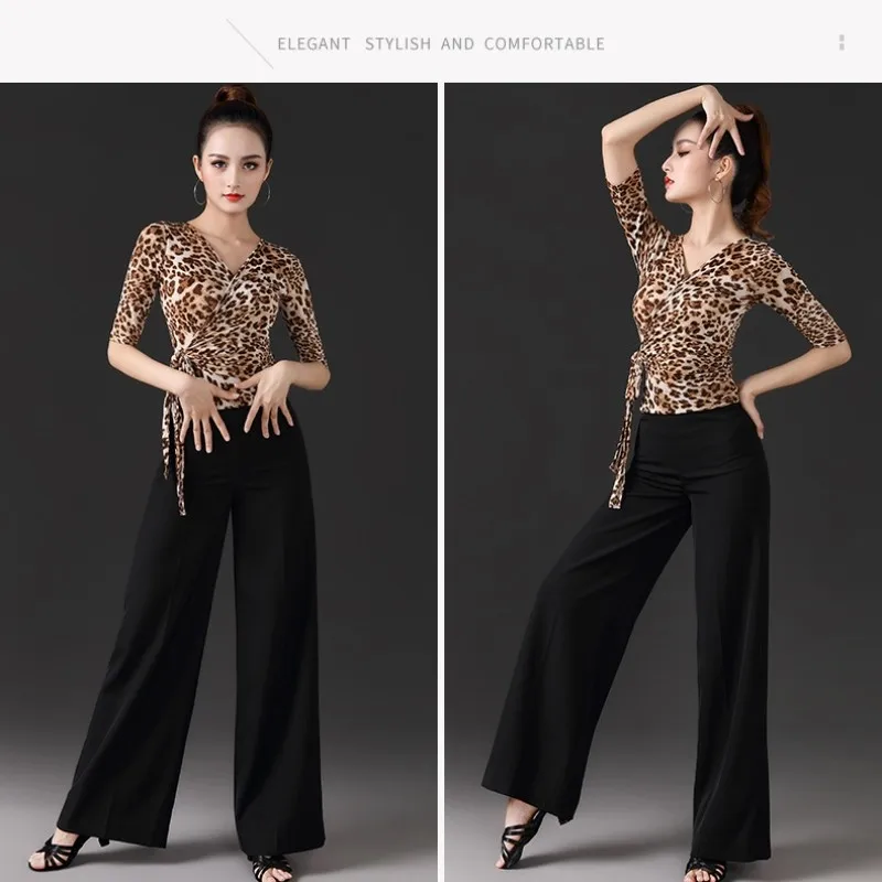 Camisas de baile latino con cuello en V profundo para mujer, Tops de baile latino con estampado de leopardo Sexy para Samba, Tango, Chacha, perforación del vientre 2024