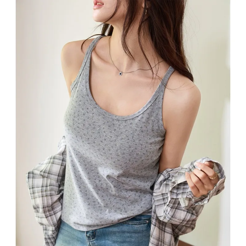 

Lightweight and loose straight top women's summer pure cotton U-neck lazy floral suspender versatile outerwear