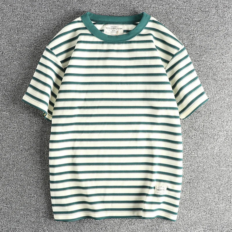 Order woven pinstripe fabric American khaki retro trend short sleeve T-shirt men's summer cool comfortable half sleeve