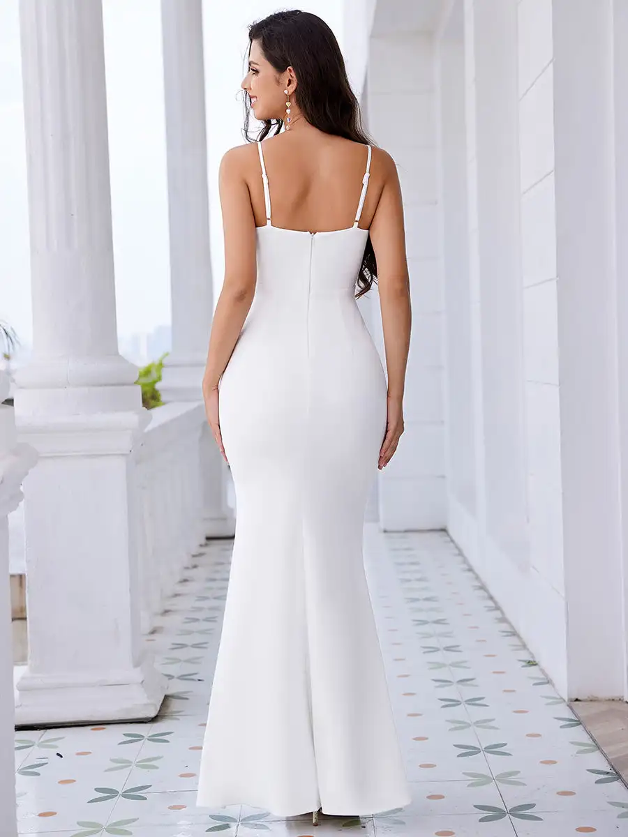 Elegant Evening Exquisite U Neck High Stretch Bodycon Fishtail Satin Diamond-covered 2025 Ever Pretty of White Bridesmaid Dress