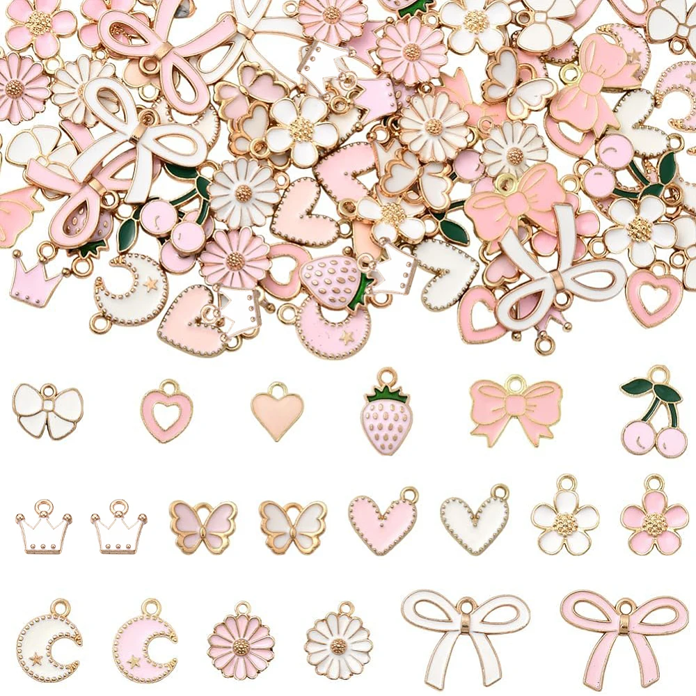 1 Box 80Pcs 20 Styles Assorted Pink Charms Metal Enamel Charms Bulk Coquette Bowknot Flower Heart Butterfly Moon Star Pendants