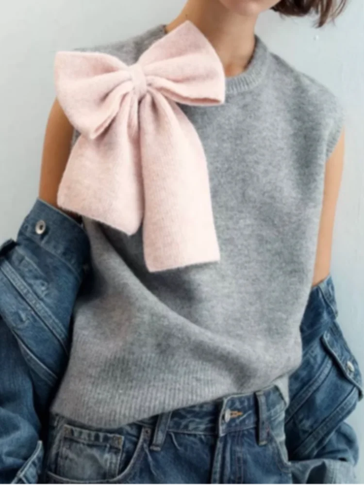 

Милый розовый вязаный жилет с бантом, женский модный однотонный короткий жилет без рукавов с круглым вырезом, женские повседневные жилеты Highstreet