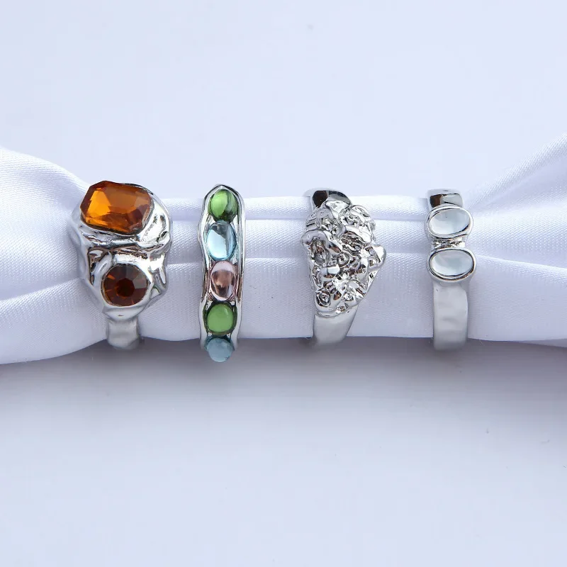 2024 New Tide Individuality Retro Geometric Hollowing Inlay Gem Rings SetLiquid State Metal Four-Piece Rings Set Paty Jewelry