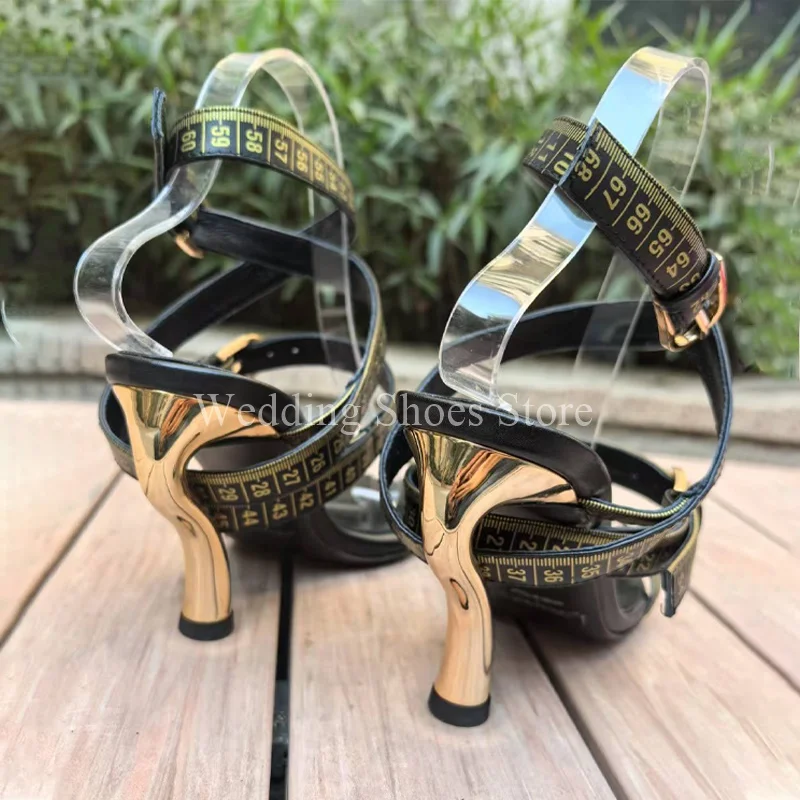 Women's High Heels Black Scale Long Band Design Buckle High Heel Metal Shaped Heel Catwalk Summer Open Hollow Casual Shoes