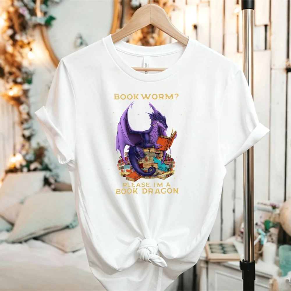 Women Book Worm Please I'm A Book Dragon Purple Dragon Reading Books Graphic T Shirt Fantasy Book Lover Short Sleeve Cotton Tee