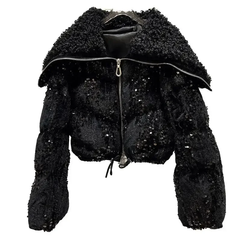 Autumn Winter Women Cotton-padded Coat Fleece Navy Collar Shiny Sequins Velvet Short Parkas Casual Loose Female Wadded Jackets