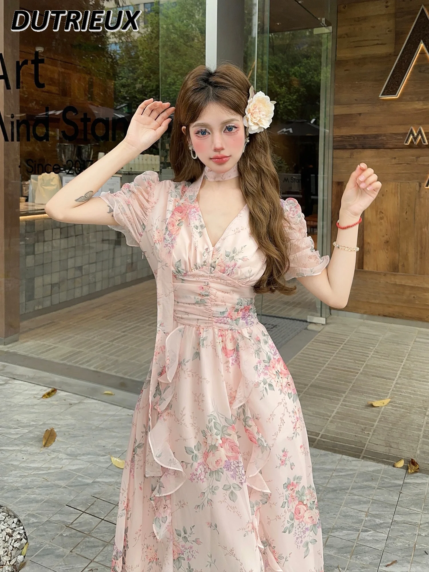 Fashion Chiffon V-neck Dresses for Lady Sweet Cute Long Pink Spring Summer Ribbon Elegant Women\'s Halter Dress 2024 New