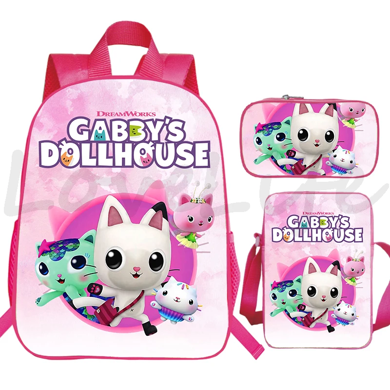 

3pcs/Set Gabby's Dollhouse Backpack Kids Waterproof Bags Large Pink Rucksack Cartoon Cute School Bags Children Softback Bookbag