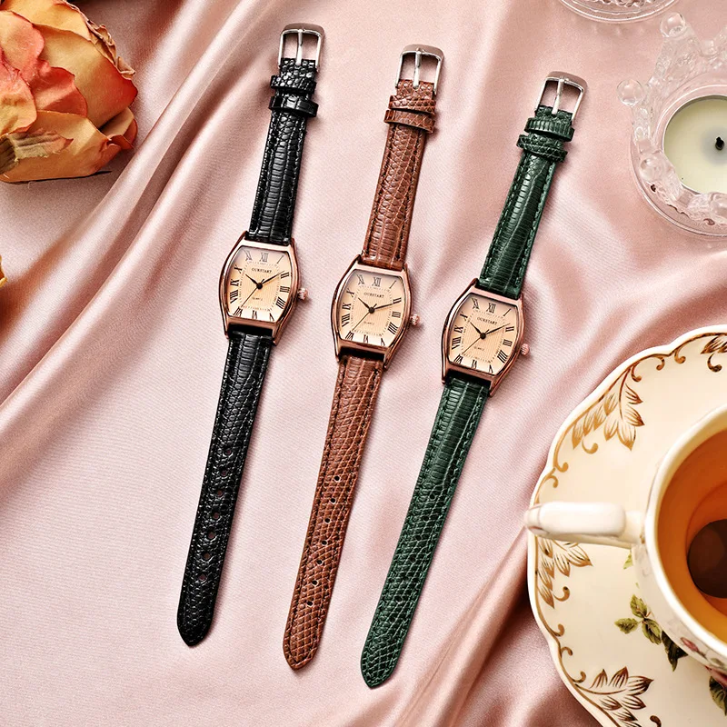 

Retro Small Wristwatch for Women Brown Green Vintage Leather Bracelet Black Quartz Ladies Watch Reloj Mujer