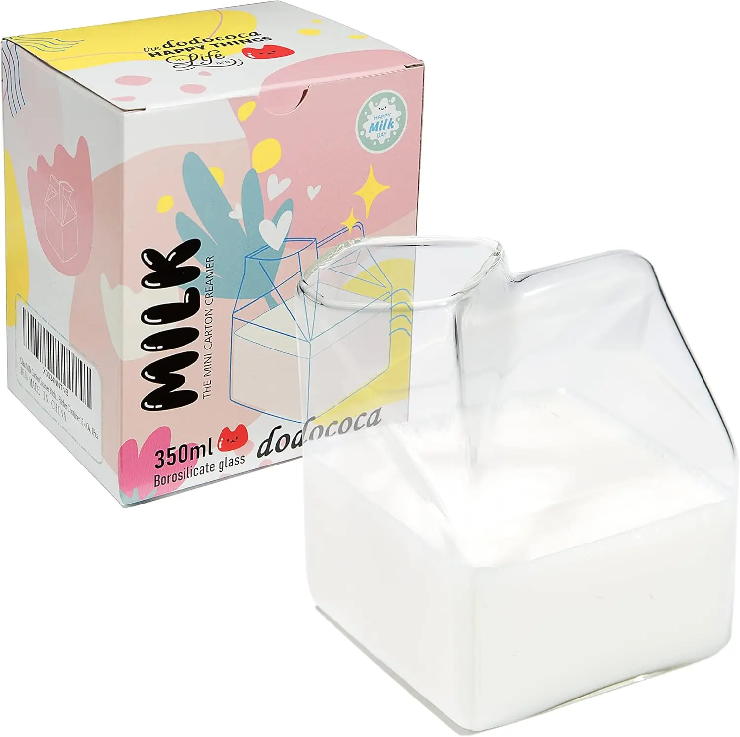 

12 Oz Clear Glass Milk Carton Creamer Pitcher, Cute Kawaii Mini Container for Coffee