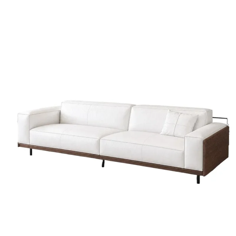 for Chinese Ancient Style Tofu Block Leather Sofa Living Room Retro First Layer Cowhide Walnut Solid Wood Straight Row