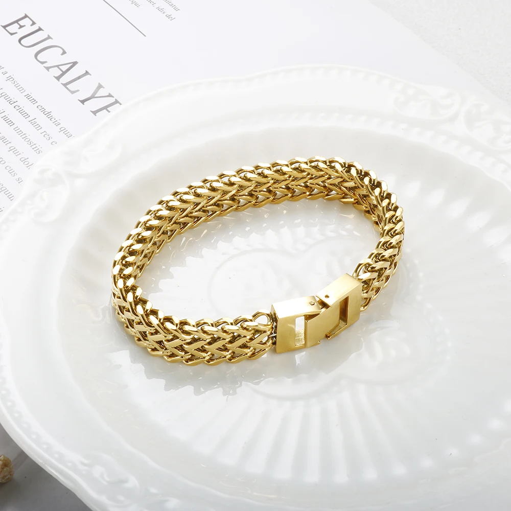 Hip Hop Stainless Steel Chunky Heavy Gold Color Bracelet Thick Texture Link Chain Rock Bracelet  for Men Women