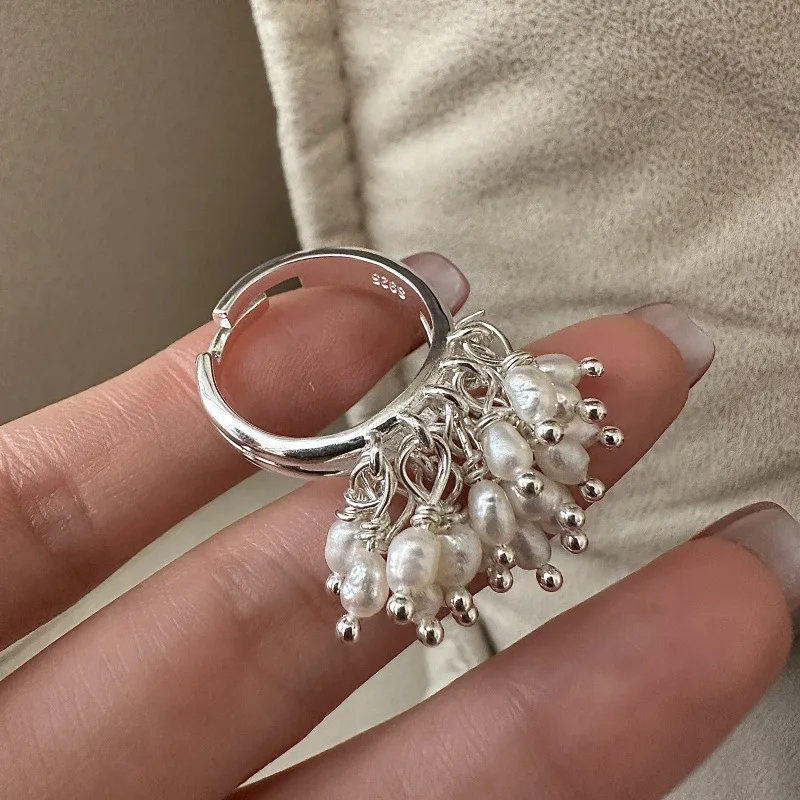

S925 Sterling Silver Korean Version Fashion handmade freshwater pearl necklace adjustable Ring Fine Jewelry Timeless Gem Vault