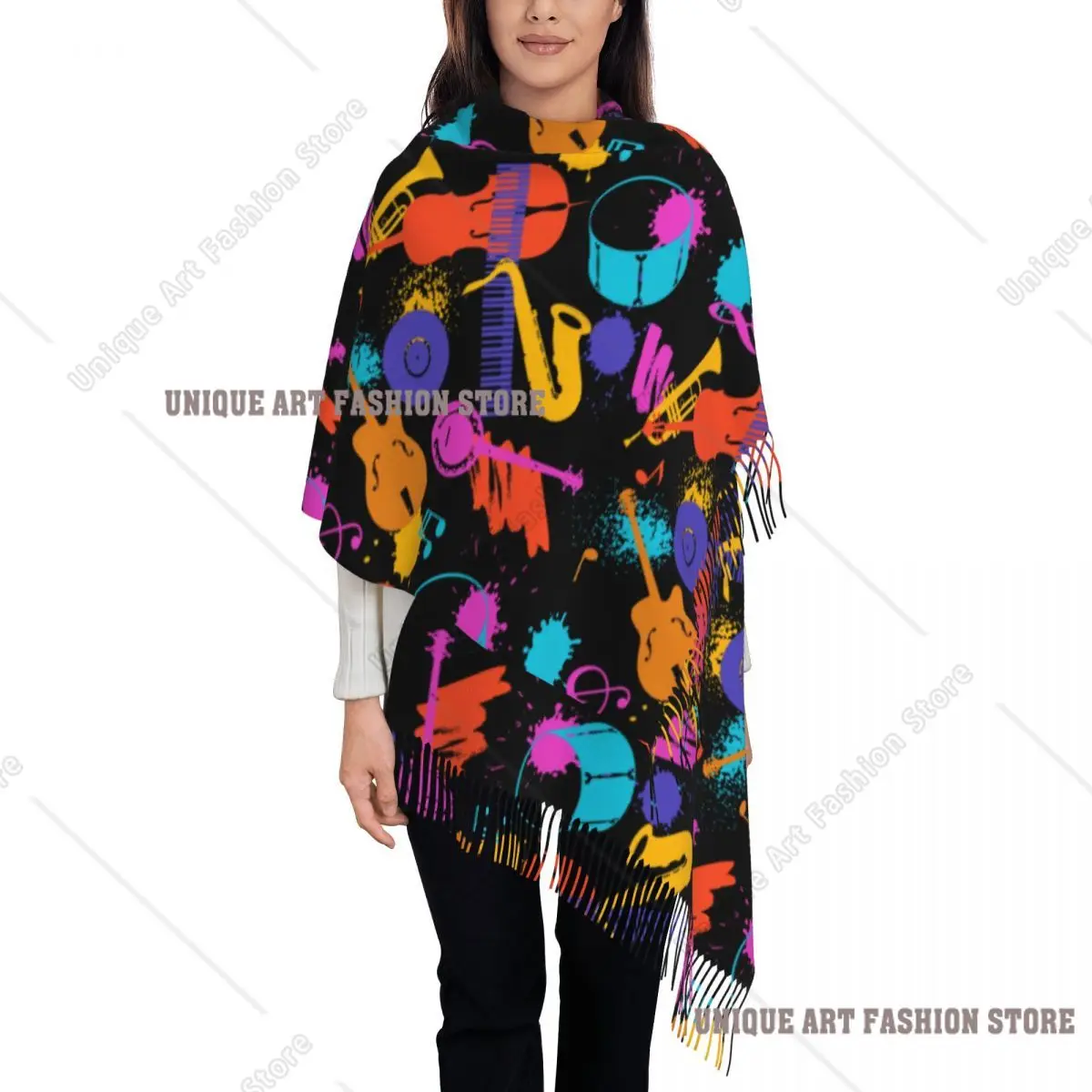 

Custom Colorful Graffiti Musical Instrument Scarf Wrap Women Long Winter Warm Tassel Shawl Unisex Scarves