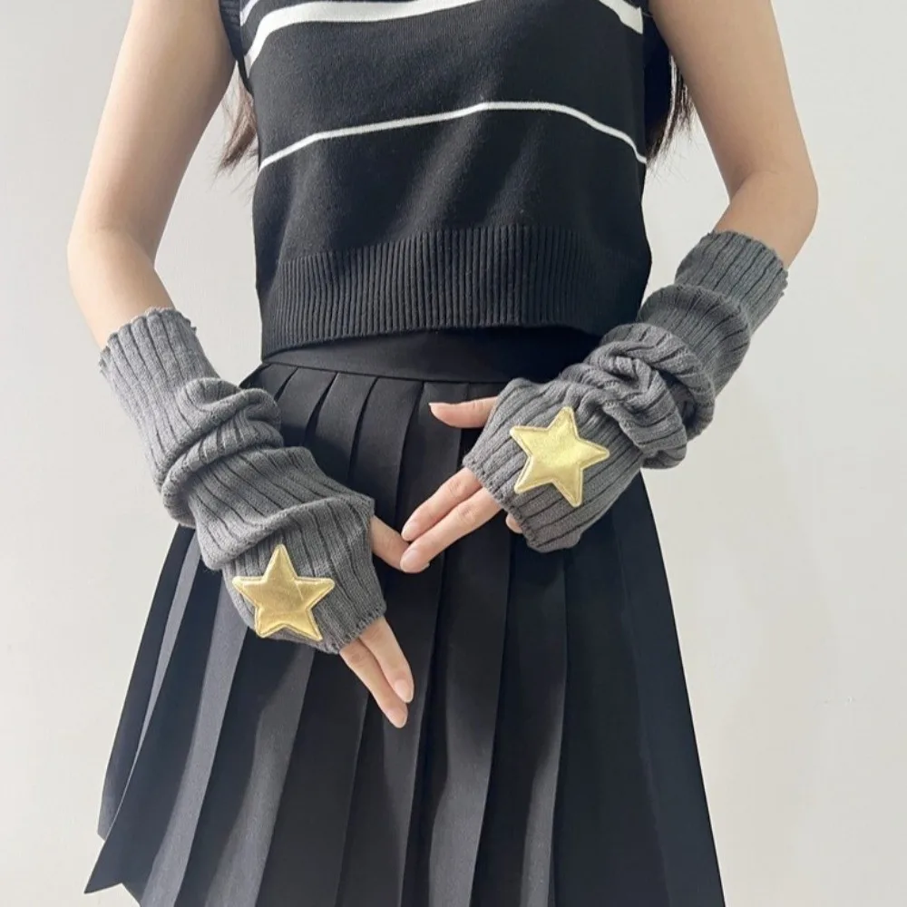 New Long Arm Warmer Gloves Cold Proof with Pentagram Patch Warm Arm Sleeve Knitted Fingerless Gloves Autumn Winter