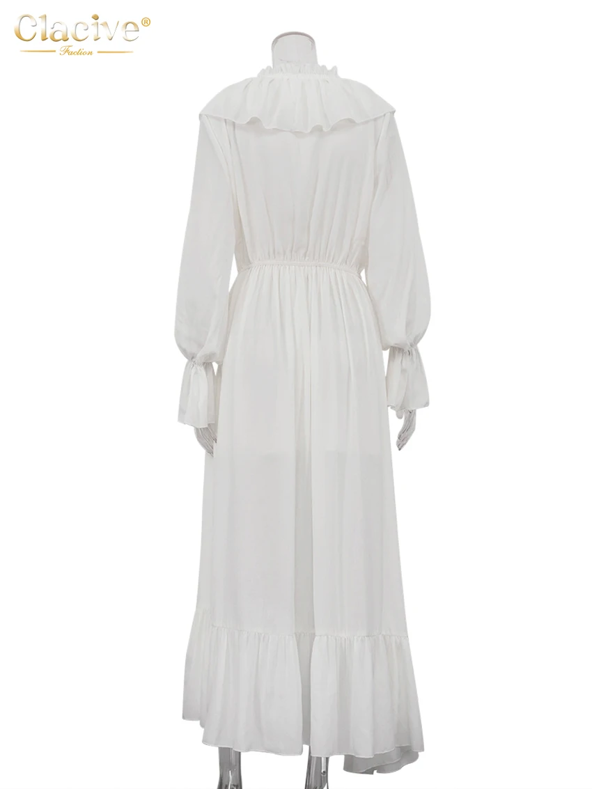 Clacive Sexy Loose White Women\'s Dress 2025 Fashion V-Neck Long Sleeve Ankle Length Dresses Elegant Classic Pleated Female Dress