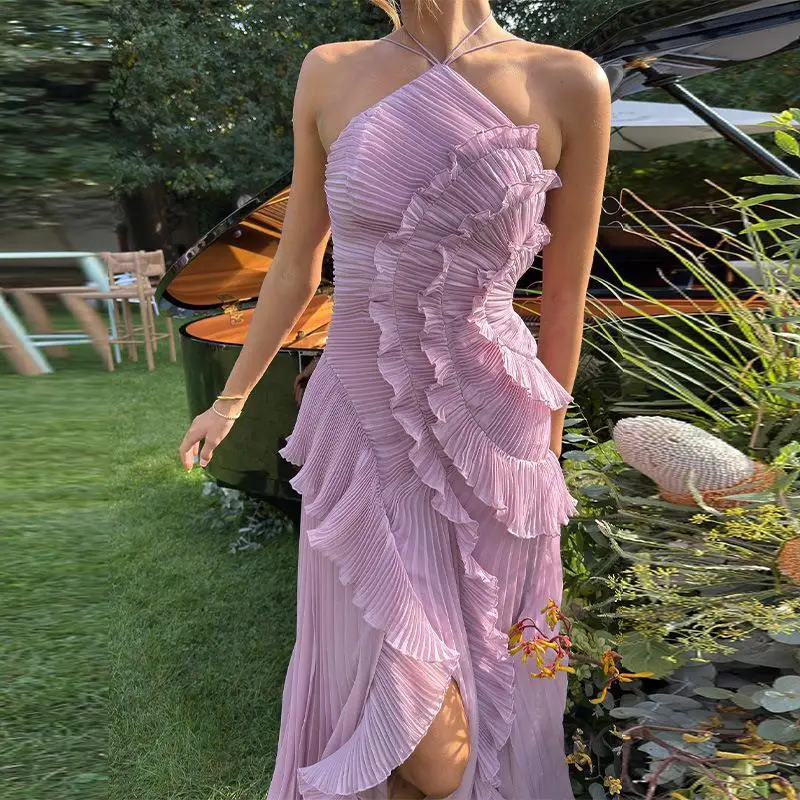 Vestido Longo Multicamadas com Alça no Pescoço, Cintura Alta, Sem Mangas, Estilo Bustle, Ideal para Primavera e Passeios Urbanos