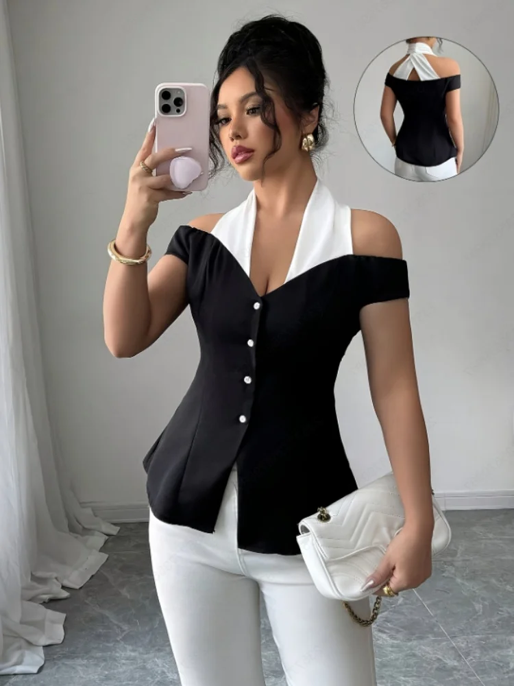 

Elegant black and white color-block off-shoulder halter blouse for women, cross open back, buttoned waist-tight slim-fit short s