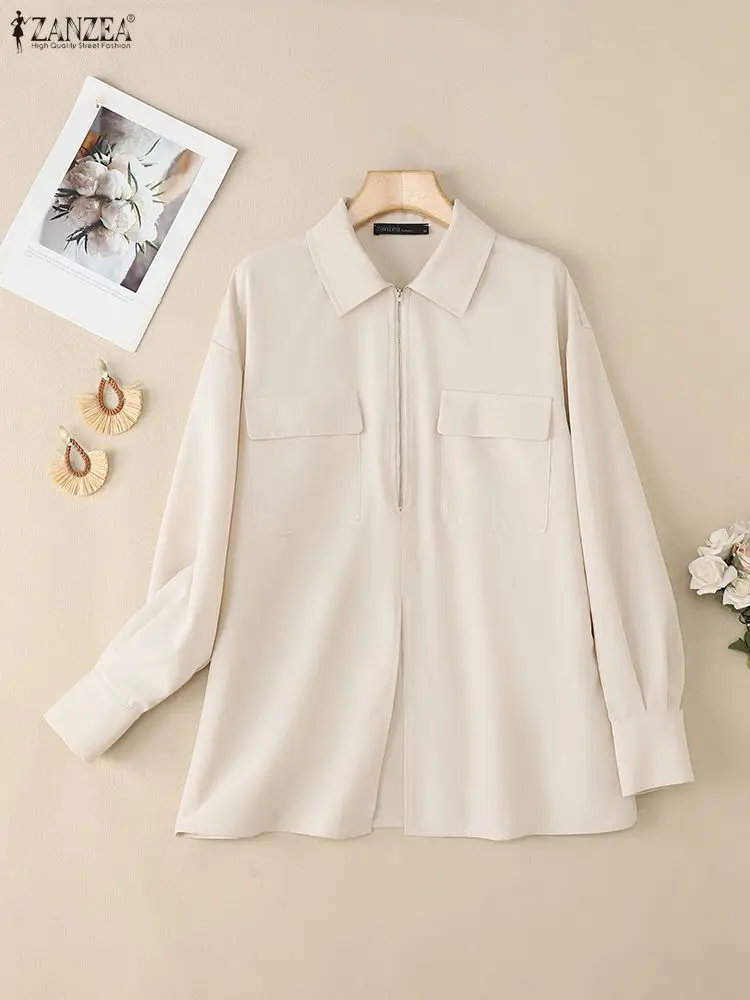 ZANZEA Women's Stylish Tied Back Blouses 2025 Autumn Turn-Down Collar Long Sleeve Half-Zipper Slit Hem Blouse Solid Color Tops - Image 3