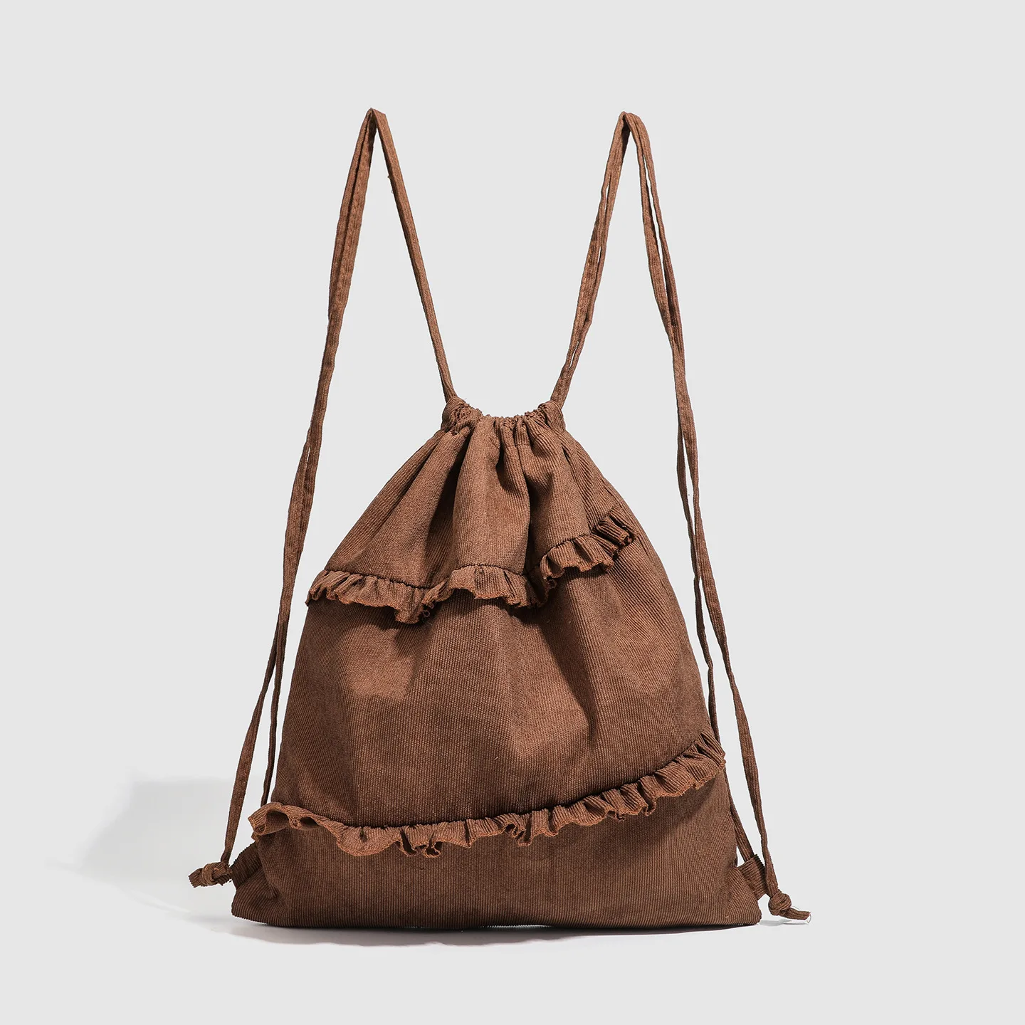 Corduroy pleated ruffled drawstring backpack with drawstring at the drawstring opening, a simple ladies' backpack