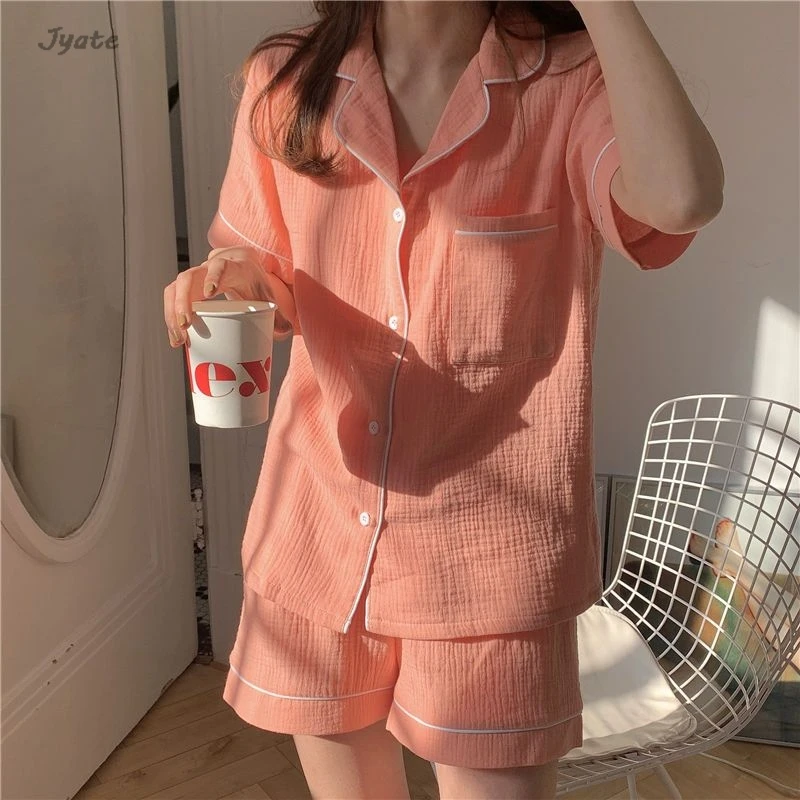 

Cotton Sweet Female Pajamas 2Pcs Casual Solid Lapel Button Shirts+Elastic Waist Shorts Sets Women Summer Sleepwear Home Suit