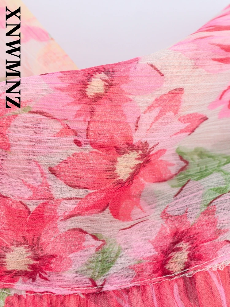 Xnwmnz 2025 verão feminino boho chique o-gola sem mangas plissado vestidos longos férias moda senhora em camadas vestido floral com cinto