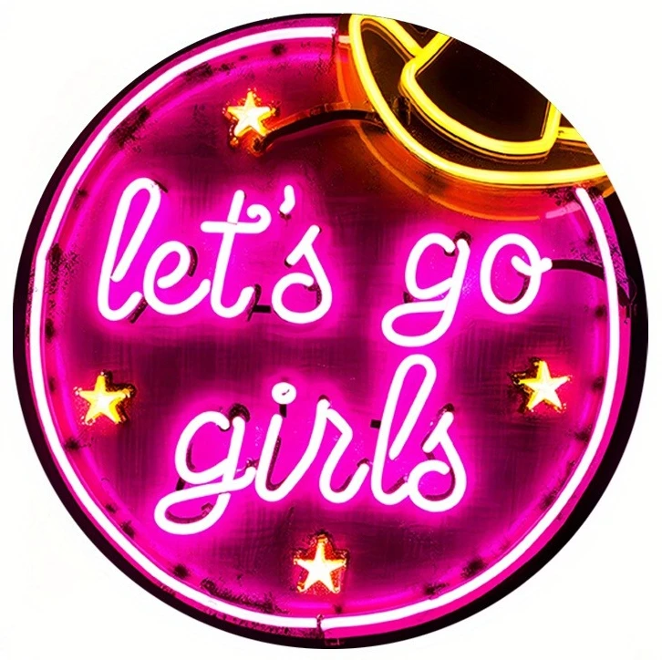 2D Retro Metal Tin Sign, Let's Go Girls Pink Neon Wall Decor, Round Western Cowboy Hat Graphic, Waterproof Fade-Resistant Iron A