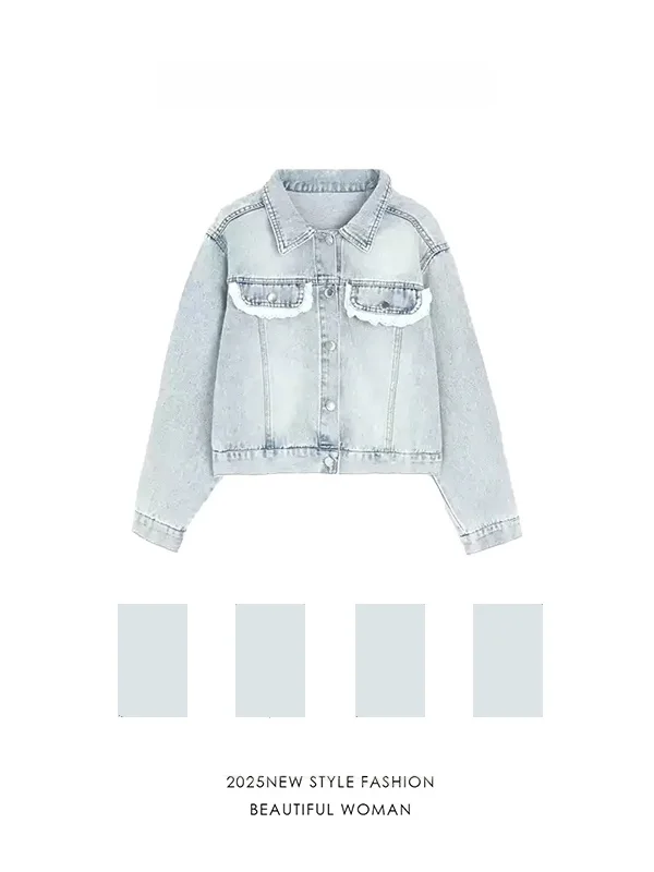 

Loose Fit Hong Kong Sle Denim Jaet Turn-down Collar Casual Long Sve Autumn Outerwear for All Body pes