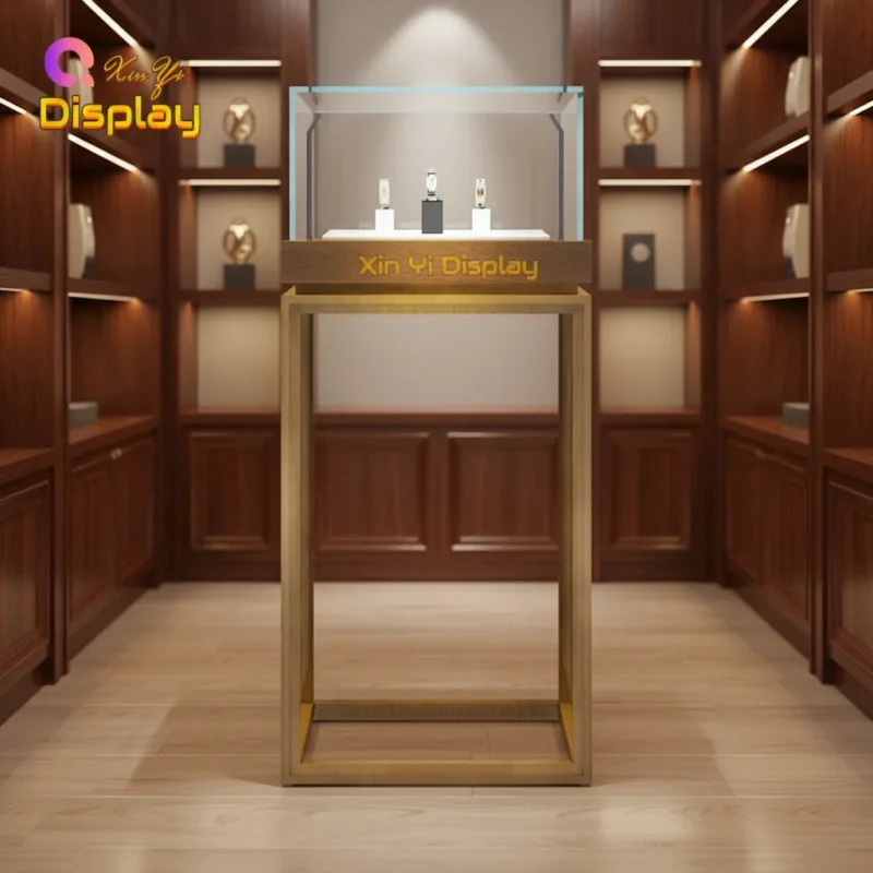 custom.Modern Gold Stainless Steel Watch Display Jewellery Tower Showcase LED Strip Lights Tempered Glass Customizable Retail Di