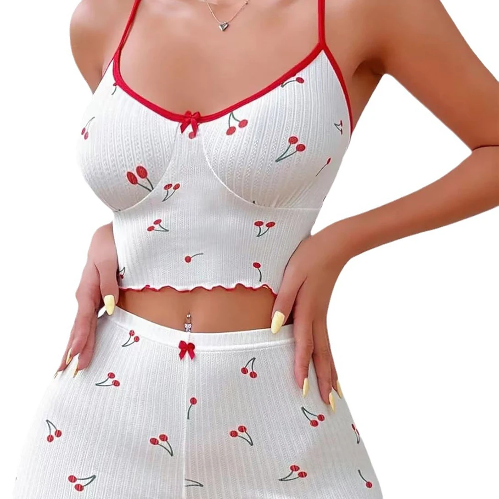 Womens Soft Pajamas Cherry Cute Print Suspenders Shorts Home Set Comfortable Lace Attractive Women Clothes Sexy Nightgowns Women