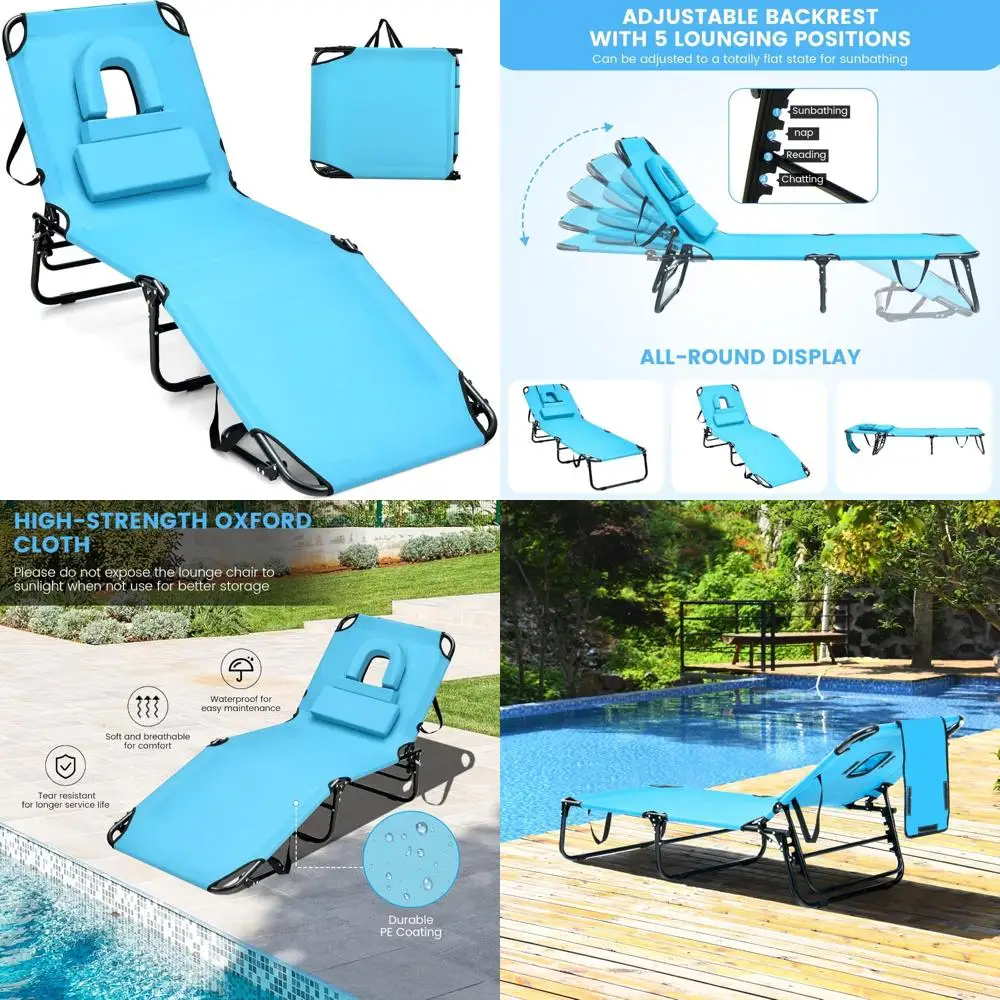 

Adjustable Folding Chaise Lounge Chair with Face Hole, Washable Pillow, Carry Strap, Supports Up to 350lbs, Beach Lounge Chair f