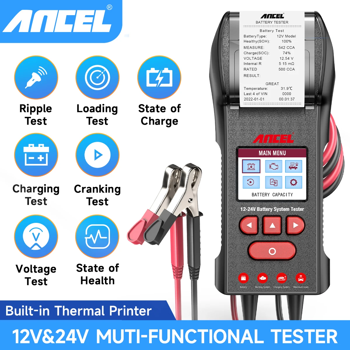 

ANCEL BST600 12V 24V Car Truck Battery Tester Analyzer with Built-in Printer 12V/24V 100-2000 CCA Digital Auto Battery Load Test