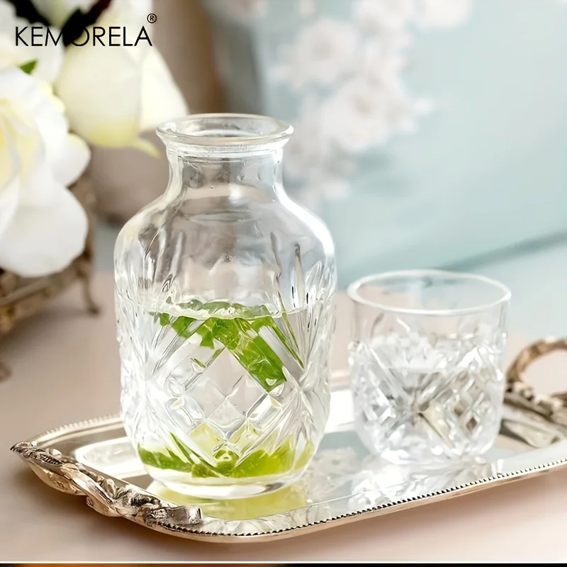 Juego de botellas de agua de cristal de 500ML con jarra y tazas para mesita de noche, agua fría, jugo, té de la leche, juego de artículos para beber para fiesta en casa